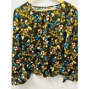 Croft & Barrow Floral Peplum Top Olive Green Long Sleeve Blouse Size L